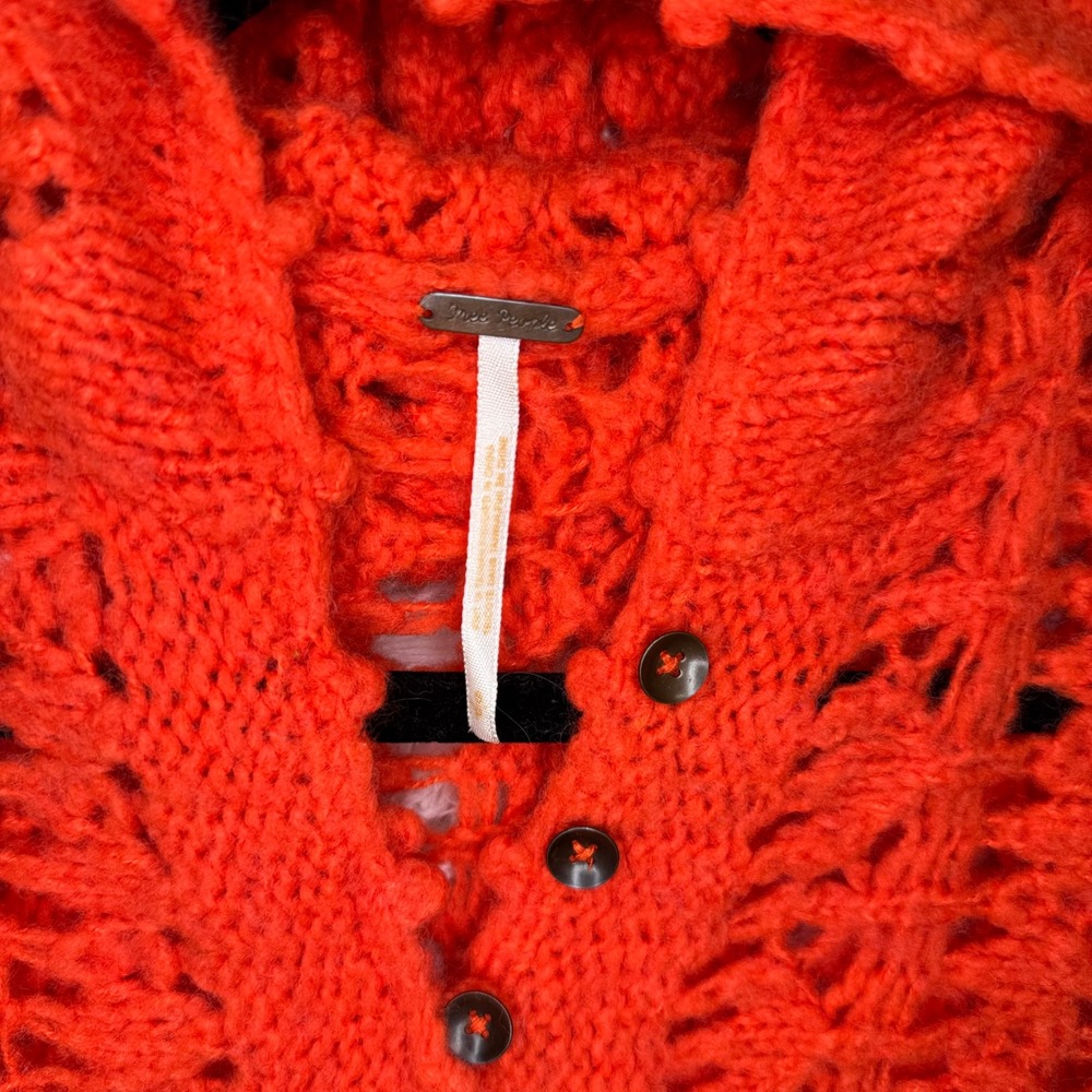 Free‎ People Orange Open Knit Hooded Sweater Wool Blend Henley Button Size Small - Picture 2 of 9